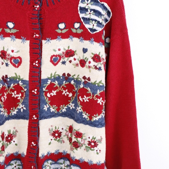 Vintage Hand Knit Sweater w/ Hearts Embroidery Valentines Day Cardigan - LARGE - Picture 7 of 16